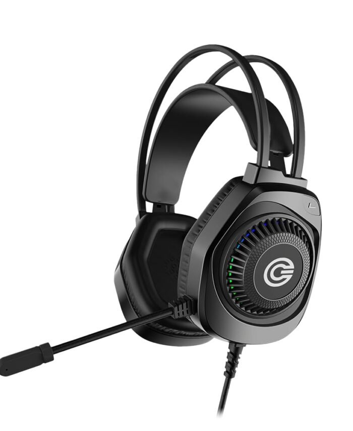 Circle Aura Warrior Wired Gaming Over-Ear Headphones, 3D RGB Headband, 50mm Neodymium Drivers, 2.2m Cable, Mic, Memory Foam Cushioning, 3.5mm + USB Connector, Black