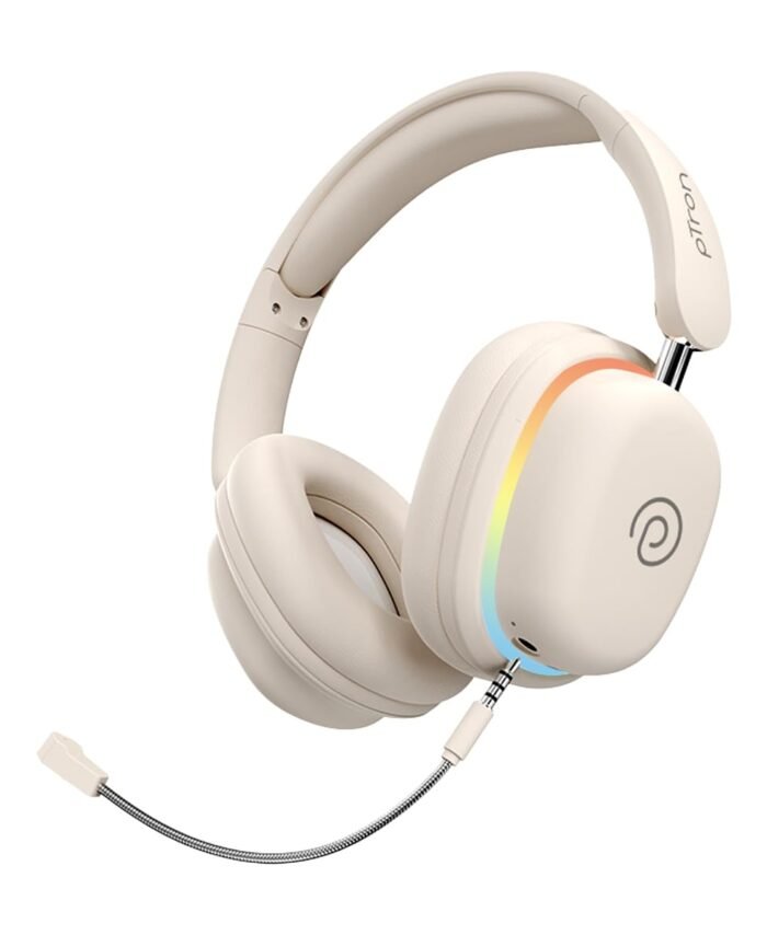 pTron Studio Xtreme, 70hrs Playtime, 40ms Low-Latency, Dual Device Pairing, Wireless Over Ear Headphones w/Detachable Mic & TruTalk ENC Calls, 40mm Drivers, RGB Lights, BT5.4 & Type-C Charging (Beige)
