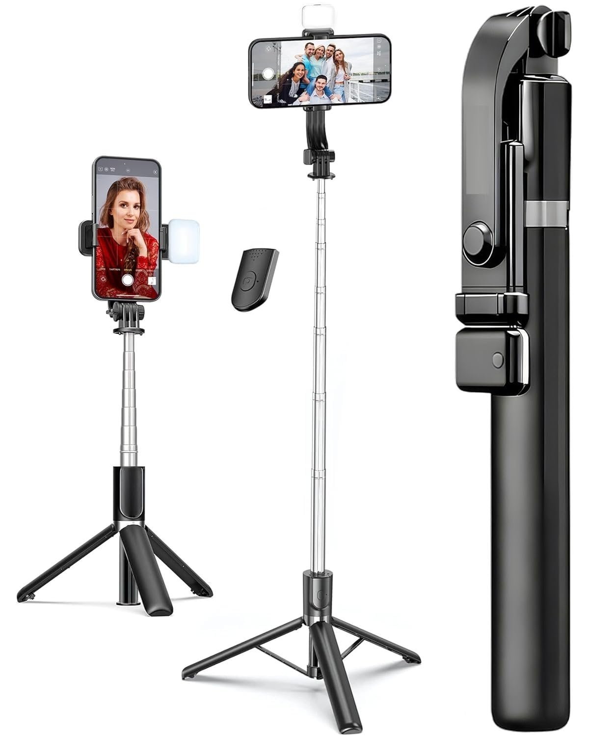 KUBA Selfie Stick Tripod with Light, 67 inch 170CM Tripod for Mobile Phone, Multi Functional Bluetooth Long Selfie Stick for Travel Vlogging Compatible with iPhone and All Smartphones (Black)