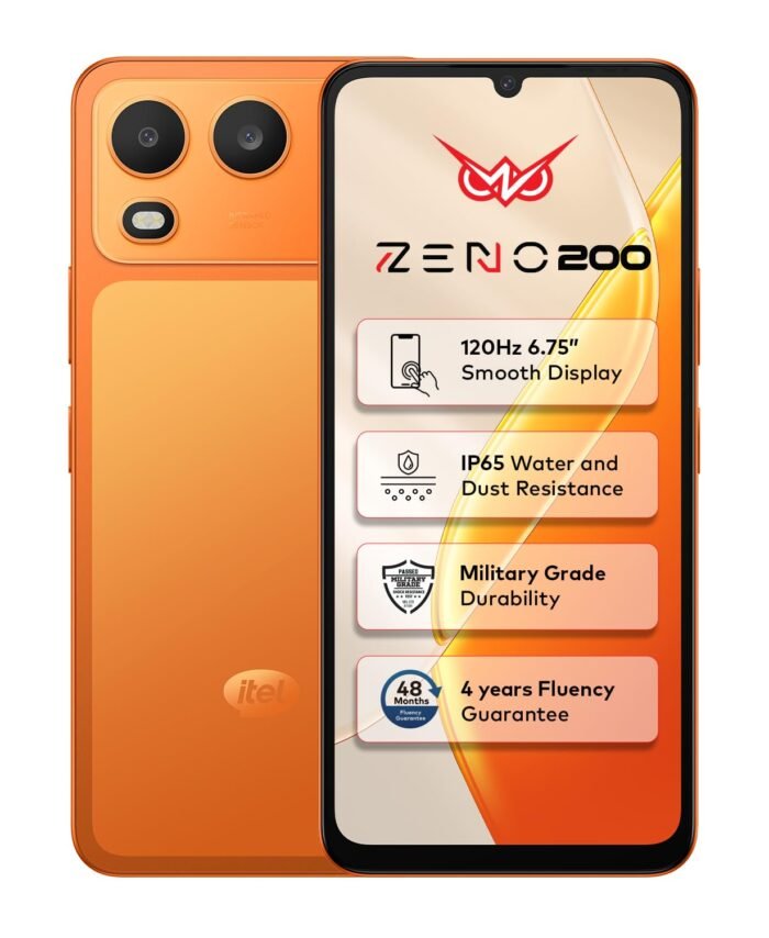 Itel Zeno 200 (Comet Orange, 4 GB RAM, 128 GB Storage) | 6.75" HD+ Display | 120 Hz Refresh Rate | IP65 Dust & Water Resistance | 13 MP Camera | 5000 mAh Battery | Charger in Box