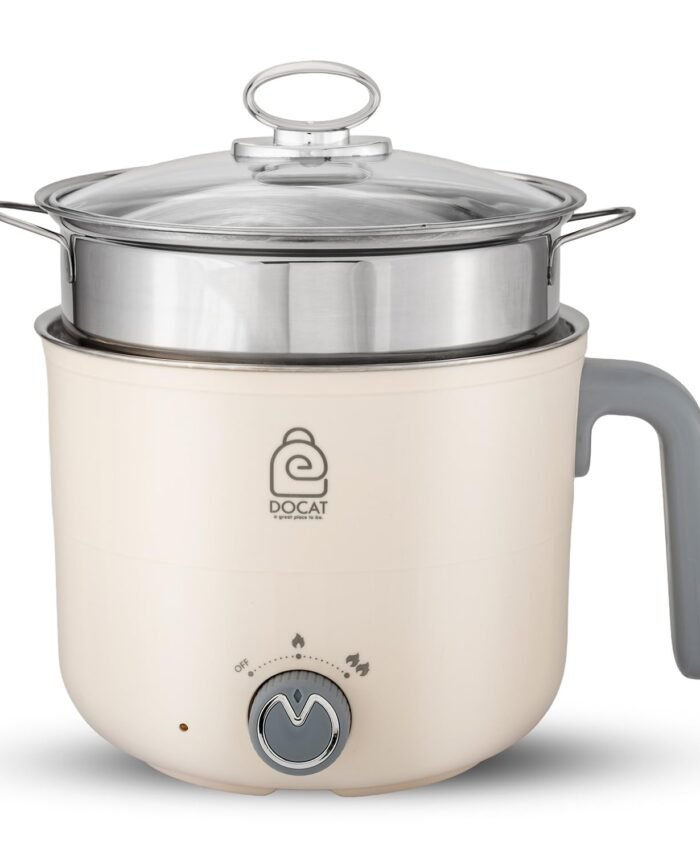 DOCAT Multi Cook Electric Kettle with Steamer 1.2 Liters Stainless Steel Non-stick Inner Pot, Adjustable Power Mode, Wide Mouth, Ideal for Boiling Milk, Tea, Coffee, Eggs (600 Watts)