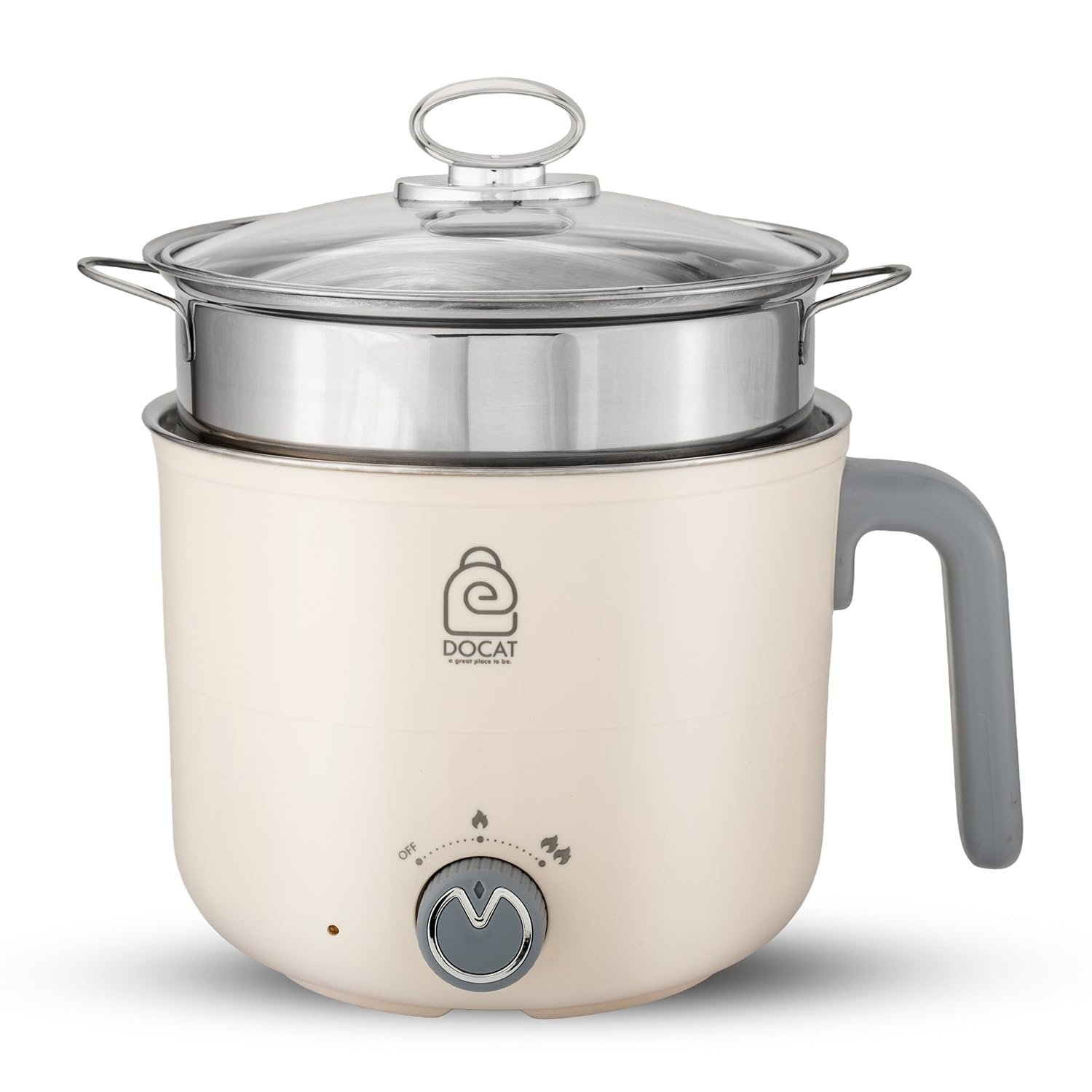 DOCAT Multi Cook Electric Kettle with Steamer 1.2 Liters Stainless Steel Non-stick Inner Pot, Adjustable Power Mode, Wide Mouth, Ideal for Boiling Milk, Tea, Coffee, Eggs (600 Watts)