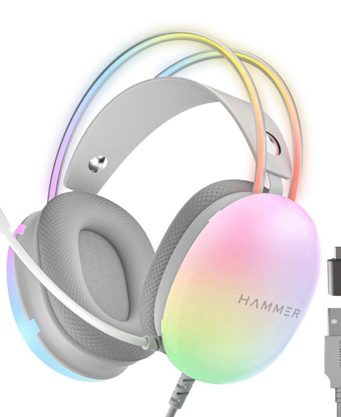 HAMMER Blaze Wired Over Ear Gaming Headphones with Mic, 50mm Drivers, Full RGB Lights, Gaming Headset with Adjustable Bands, Breathable earcushion, 1.5Mtr Wire with USB (Cyan)