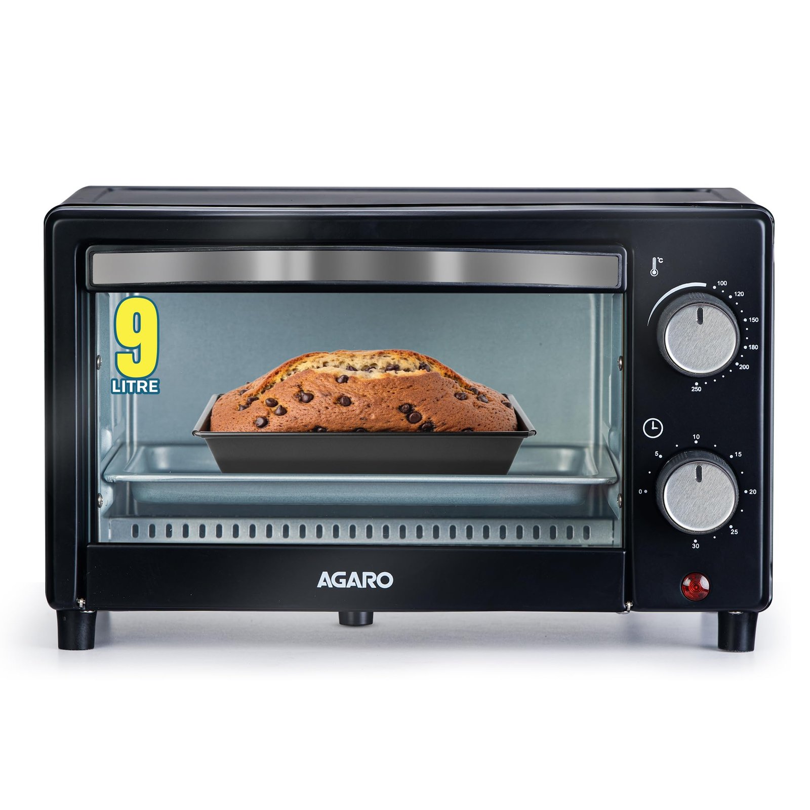 AGARO Marvel 9L OTG Oven 800W, Compact Toaster Griller for Baking, Toasting & Grilling, Adjustable 100°C-250°C, 30-Min Timer with Ready Bell, Auto Shut-Off, Tempered Glass Door, Bake Pan, Tong & Rack