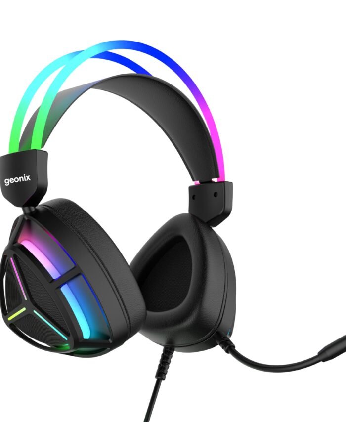 Geonix Audicle Tres Stereo Wired Gaming Over Ear Headphone with RGB Light, 50mm Neodymium Driver, 2 Mtr braided Cable, Flexible mic, Extra Soft Cushion, Suspension Headband, 3.5mm+USB Connector(Black)