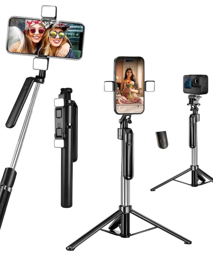Kratos Selfie Stick Tripod with Dual Light 67 inch/1.7 M, 360° Rotation Handle for Anti Shake Shooting, Multifunctional Bluetooth Tripod for Mobile Phone Vlogging, Live Stream and Travel