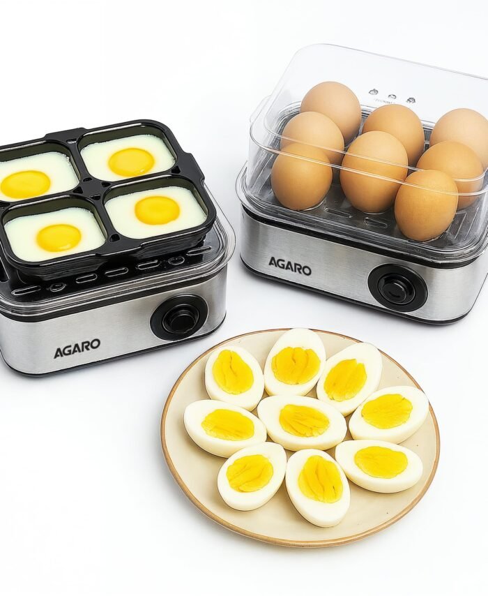AGARO Grand Egg Boiler And Poacher, 2-in1 Boils 8 Eggs, Poach 4 Eggs, Steamed Vegetables, 3 Boiling Types, Stainless Steel Body, Transparent Lid, 500W, Silver