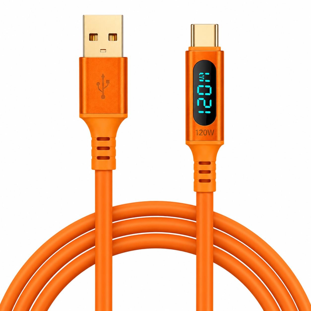 USB-A to USB-C 120W Fast Charging Cable, 2M Silicone, Digital Power Display, Super Fast Charging & High-Speed Data Sync, Durable Tangle-Free Charger Cable Compatible withall Device