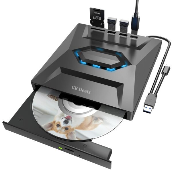 External CD/DVD Drive for Laptop - 5 in 1 Plug and Play USB CD Drive with SD/TF Card Slot USB 3.0 Type A/Type C DVD Player Portable External DVD Burner for Laptop, Desktop (Black).