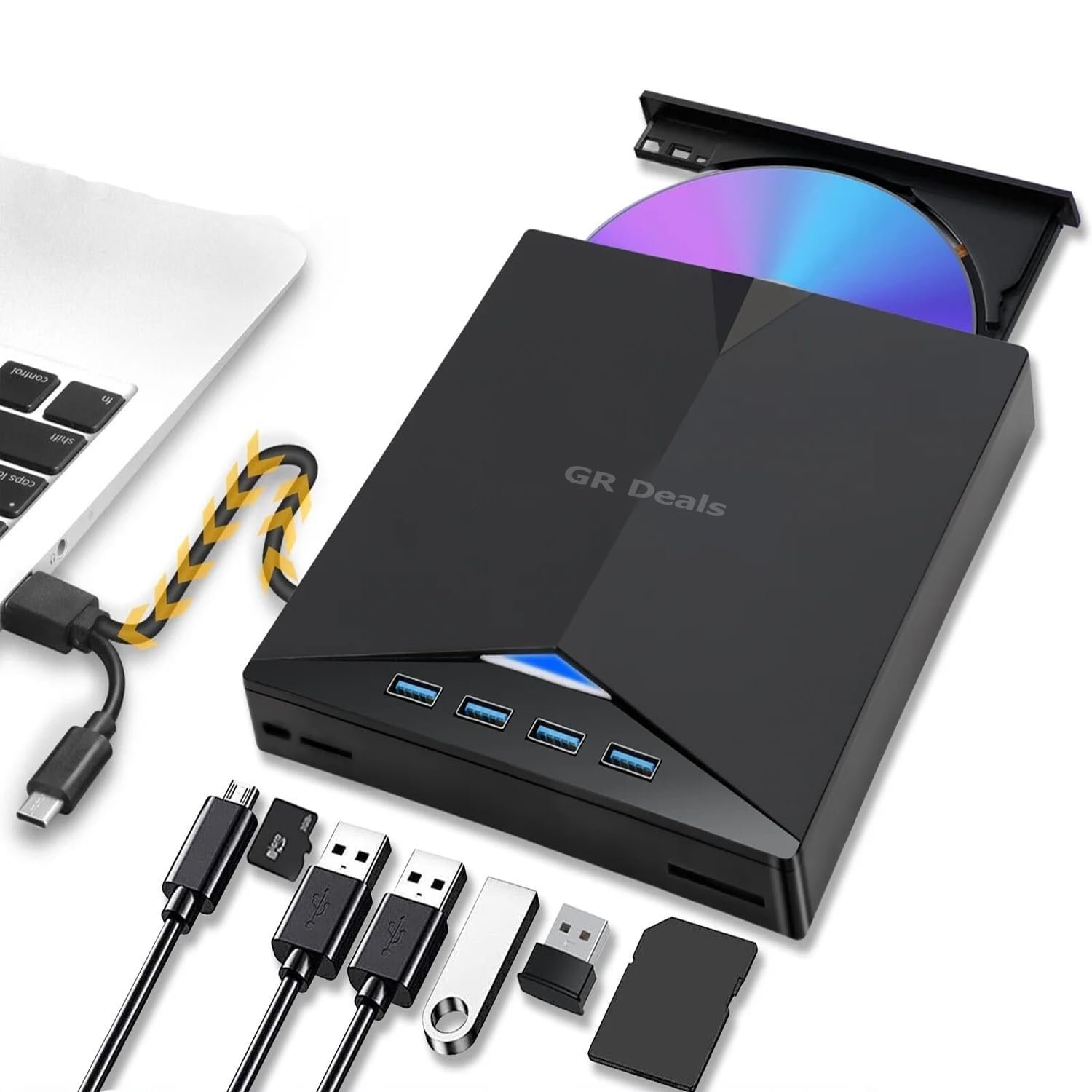 7 in 1 External DVD Drive - USB 3.0 Type-C Player and Burner, Slim 3D CD DVD Writer for Laptop PC Desktop Windows XP/7/8/10. Black.