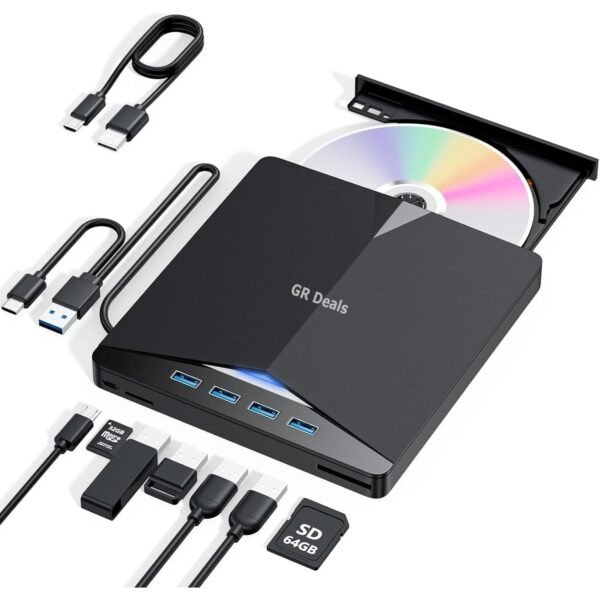 7 in 1 External DVD Drive - USB 3.0 Type-C Blu-Ray Player and Burner, Slim 3D CD DVD Writer for Laptop PC Desktop Windows XP/7/8/10. Black.