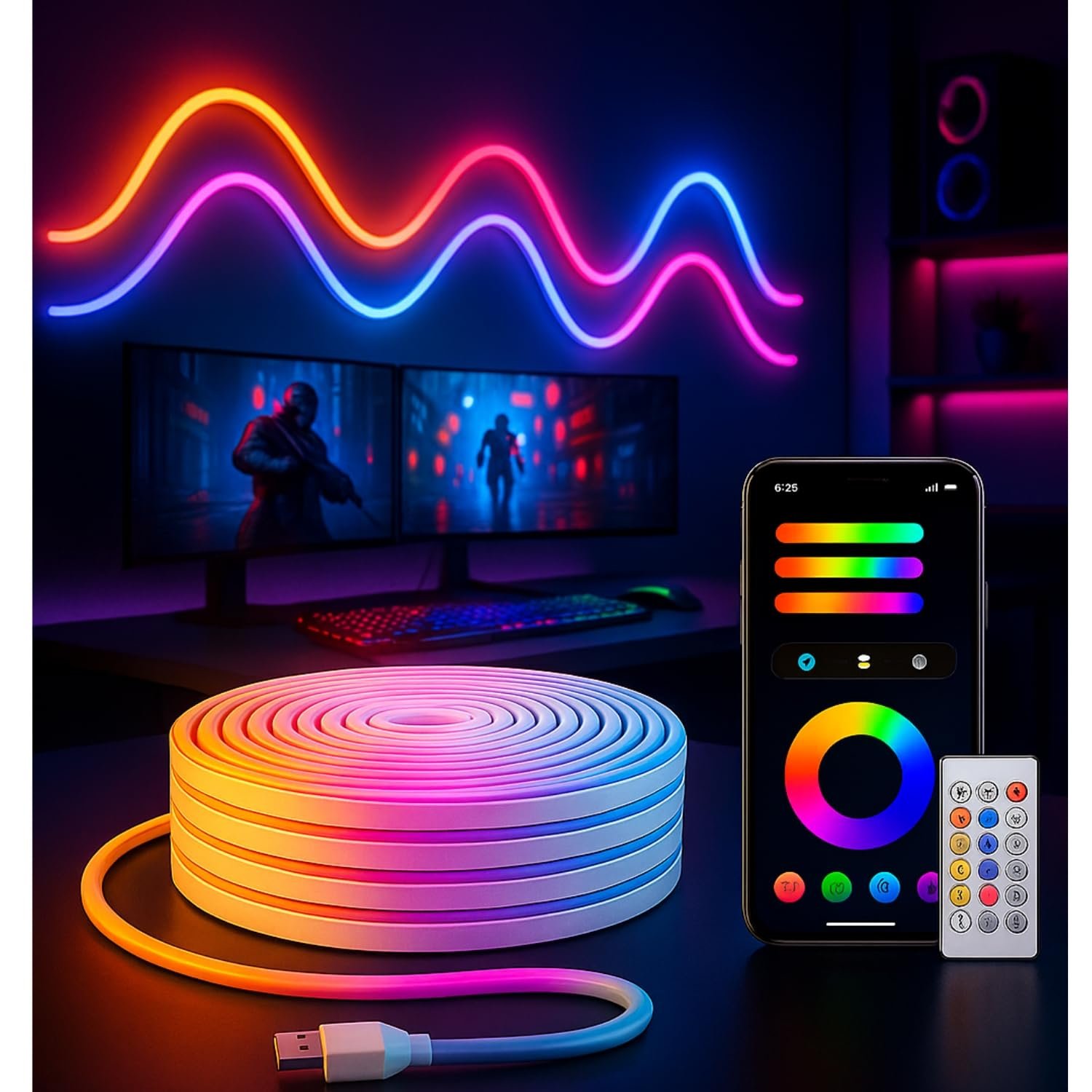 Smart LED Strip Light 5M with App & Remote Control, Music Sync RGB Lights, 16 Million Colors, Flexible SMD Rope Light for Gaming Room, Bedroom, TV Backlight, Home Decor, Party Decoration