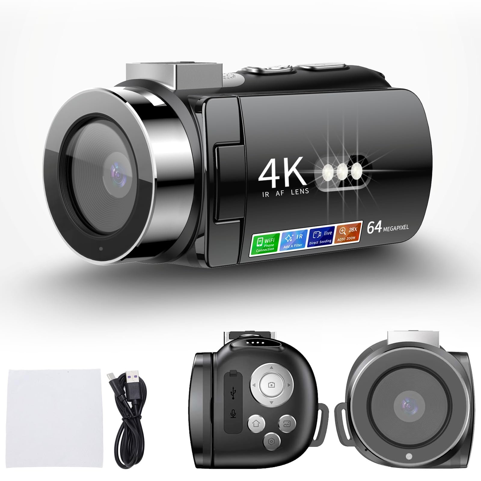 EBTOOLS Video Camera Camcorder, 64MP Vlogging Camera, 28X Zoom Digital Camera Recorder, 3.0 Inch Screen 270 Degree Rotation, Fully Automatic Autofocus
