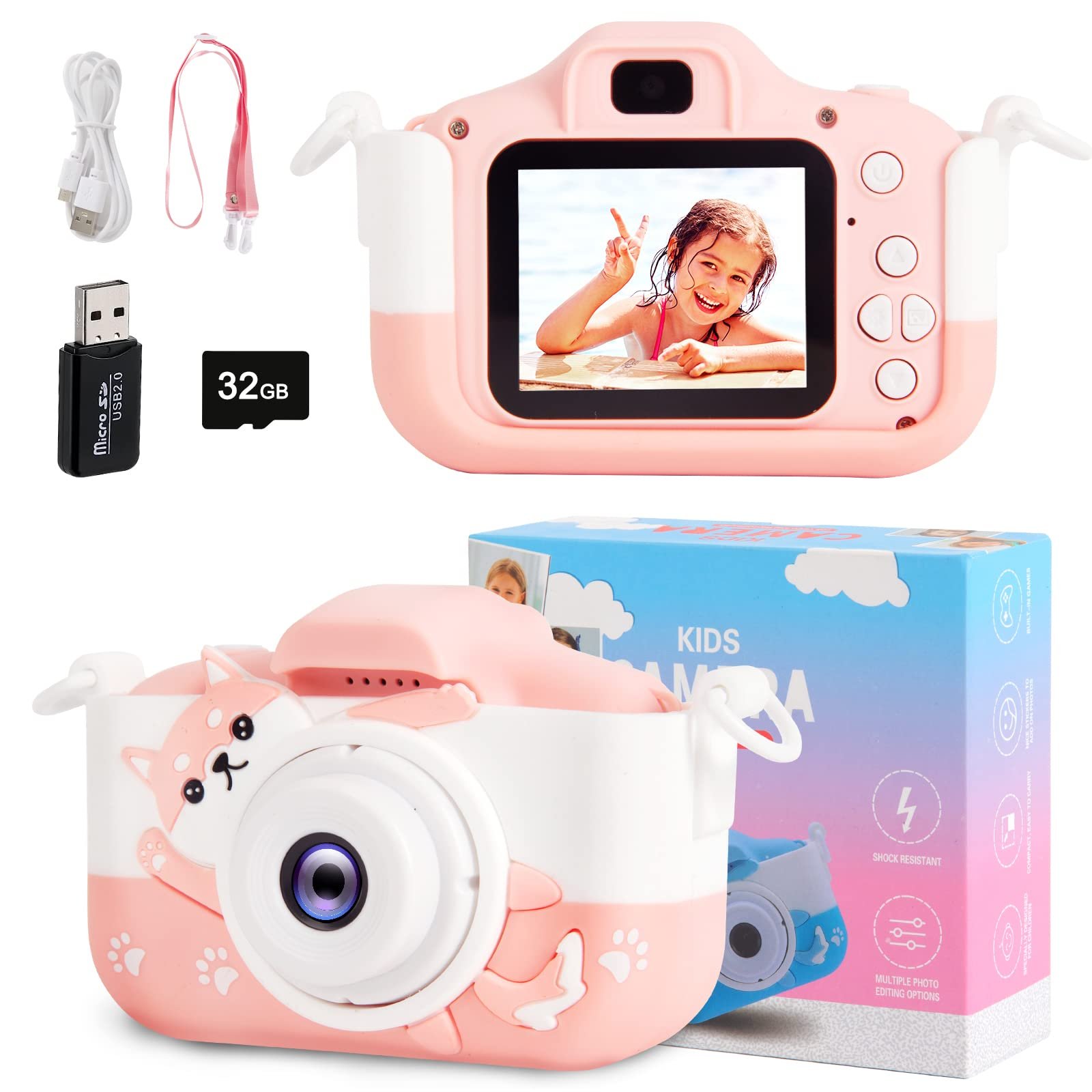 Kids Camera, 1080P HD Digital Video Camcorder Camera/Upgrade Selfie Camera with Dog Soft Silicone Cover, for Boys/Girls Age 3-12, Birthday Gifts with 32GB TF Card Pink